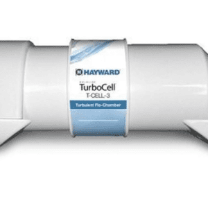 A Hayward W3T-CELL-3 TurboCell salt chlorination cell for in-ground swimming pools up to 15,000 gallons, featuring a central translucent blue chlorination cell and white end caps.